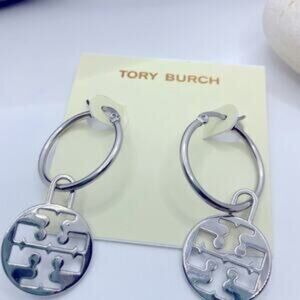 Tory Burch Silver Logo Pendant Charm Hoop Earrings